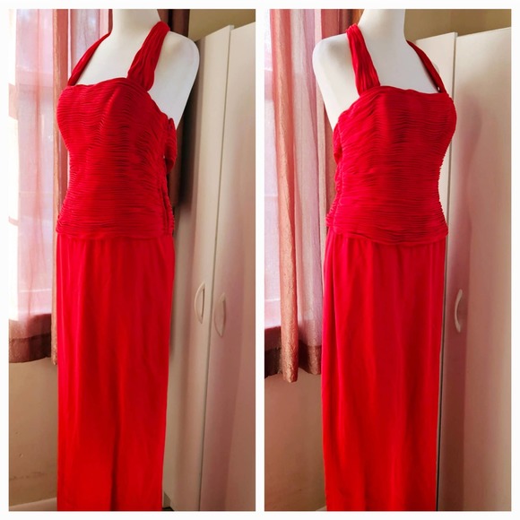 Size 10 Niteline Della Roufogali Red Halter Strap Ruched Bodice Elegant Formal - Picture 7 of 16